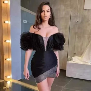 BY1970  High End Clothing Off Shoulder Lace Beaded Mesh Piecing Ruffle Fabric Party Dresses Sexy Outfits Women