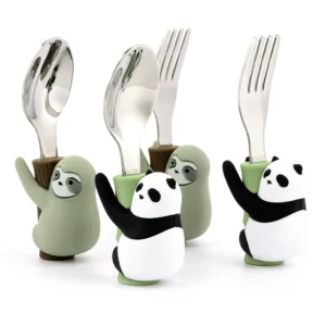 High Quality Wholesale Price  Food Grade Non-Toxic Cute Baby Teething Silicone Spoon And Fork Stainless Steel Set