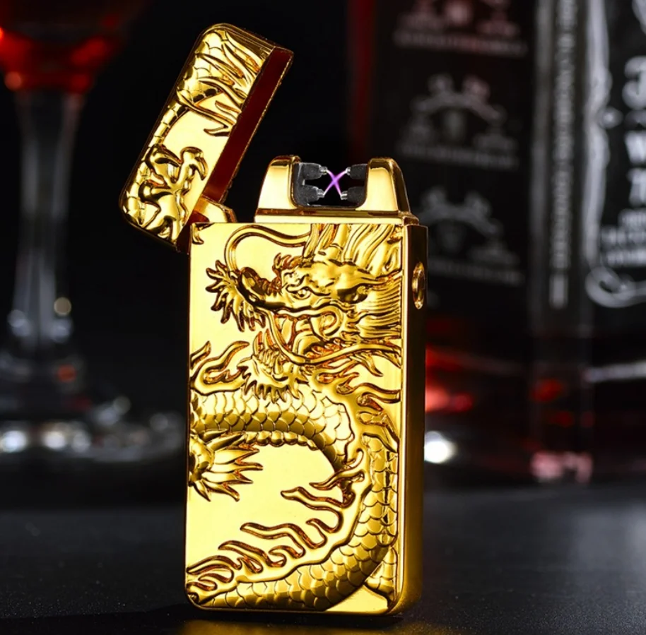 Embossed dragon usb dual arc lighter charging windproof personality creative man impulse electronic phone holder - Image 5