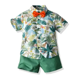 New Arrive Boy Kids Summer Shirt + Shorts Sets Leaf Printing Clothing Children's Cotton Short Sleeve Button Casual Suits