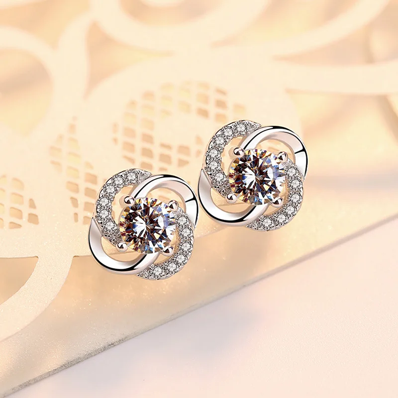 Platinum or Gold Plated Round Cut Stud Earrings with Infinite Zirconia Post Brilliant Round Faux Diamond Halo Earrings - Image 3